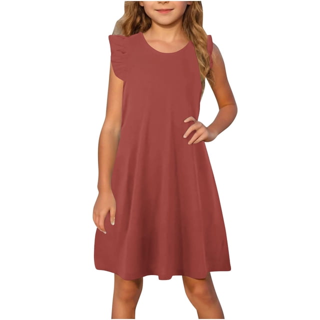 Pisexur Girls Dresses , Robes pour Filles Bébé Robes pour Tout-Petites Robe d'Été à Manches à Volants Tenue de Plage pour Enfants 4-14T Rouge