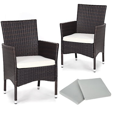 Gymax Ensemble de 2 Chaises de Salle à Manger en Rotin Osier pour Patio Brun Mélangé avec 2 Housses de Coussin