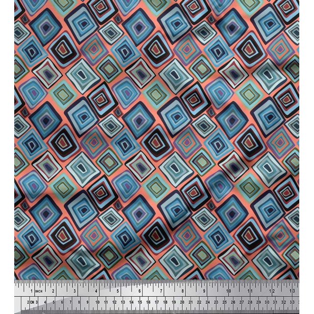 Soimoi Satin Silk Fabric Square Geometric Print Fabric by Yard 42 Inch Wide