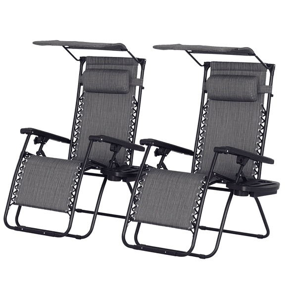 2 Piece Foldable Lounge Chair with Canopy Shade, Outdoor Zero Gravity Chair w/ Side Tray & Cup Holder, Reclining Lounger w/ Breathable Mesh Fabric Seat, Pillow, Dark Grey