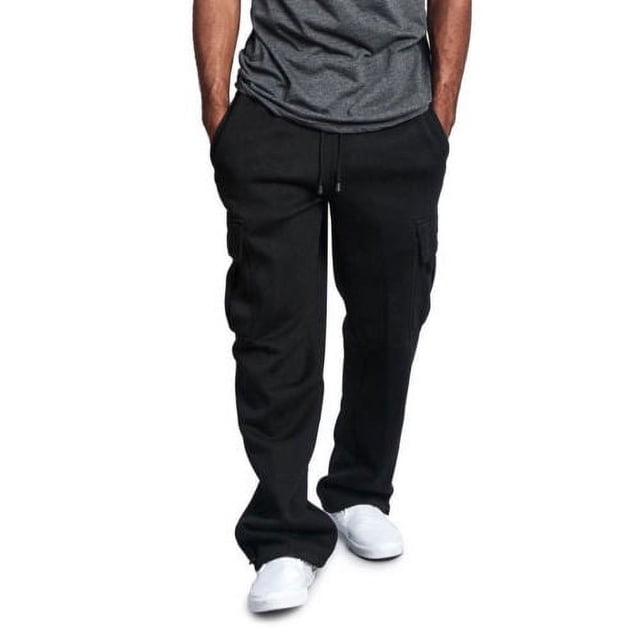 Fortune Men Plus Size Sweat Pants Loose Pants Solid Color Jogger Sports Trousers in black, shown in a front-facing view. These joggers feature a solid color design, elastic waistband with drawstring, and multiple pockets, including side and back pockets. Made from a blend of 60% cotton and 40% polyester fiber, they offer a soft, breathable, and comfortable fit. Suitable for casual wear, sports, or daily activities. Available in sizes M to 3XL and various colors.
