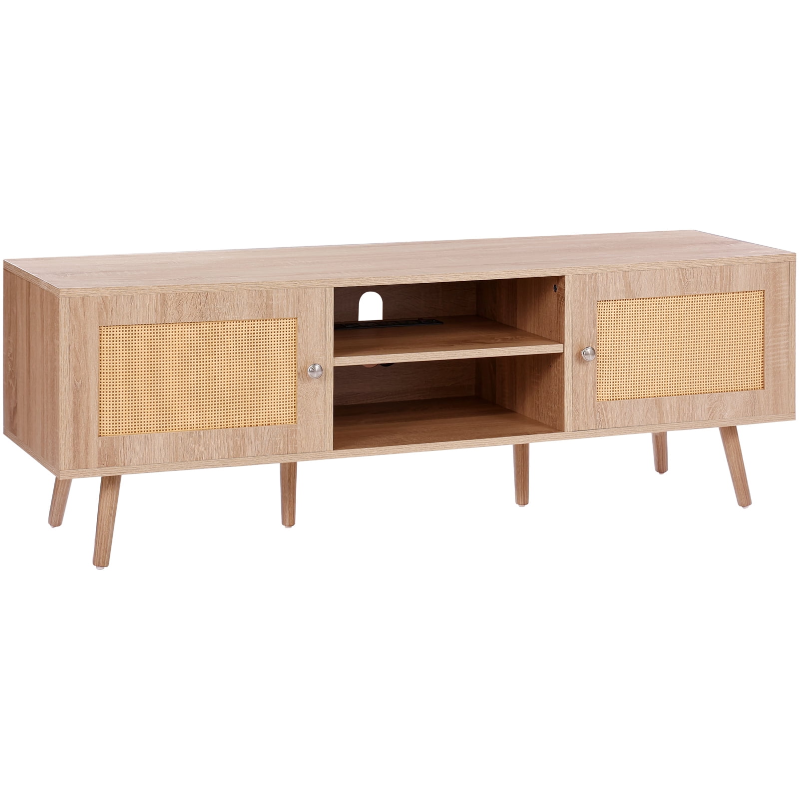 KFFKFF Wicker Television Stand, Contemporary Design Stand for 65 inch Television, Chic Wicker TV Console with Integrated Socket and USB Connectors, Modifiable Shelves for Lounge, Multimedia Room, Oak