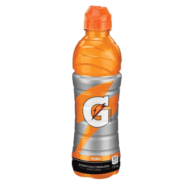 Gatorade Orange Sports Drink 710 mL bottle with silver and orange design, featuring a large white G logo with an orange lightning bolt, orange sports cap, and label showing 180 calories, scientifically formulated to hydrate and replenish electrolytes during intense activity.