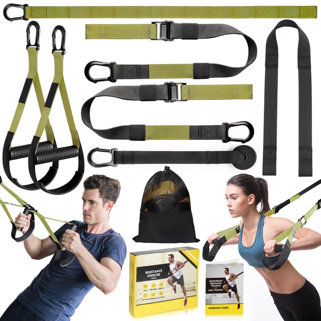 Kit d'Entraînement de Résistance à Domicile avec Poignées, Sangles d'Entraînement et Ancrage de Porte et Sac de Transport pour Gym à Domicile, Sangles de Résistance pour Intérieur et Extérieur (Vert)