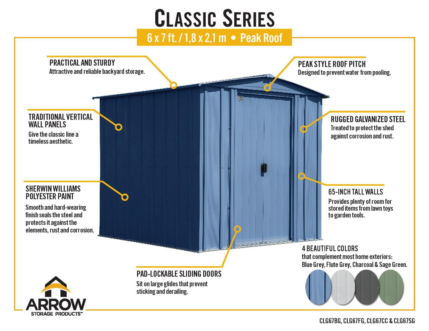 Arrow Classic Steel Storage Shed, 6x7, Gris pâle