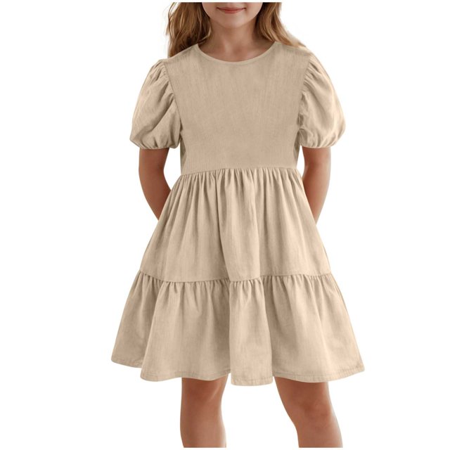 Mgmyaa Robe d'Été à Volants à Manches Courtes Smockée pour Filles, Col Ras du Cou, Ligne A, Fluide, Mini, Taille 5-15 Ans