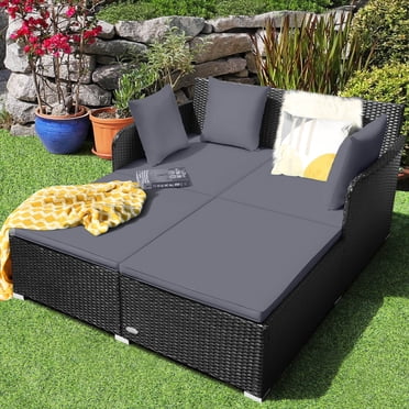 Costway Lit de Jour en Rotin pour Patio Extérieur avec Coussins et Oreillers, Mobilier de Sofa