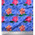 thumbnail image 1 of Soimoi Tissu en Coton Bleu Canard Imprimé Feuilles & Roses au Mètre 42 Pouces de Large, 1 of 3
