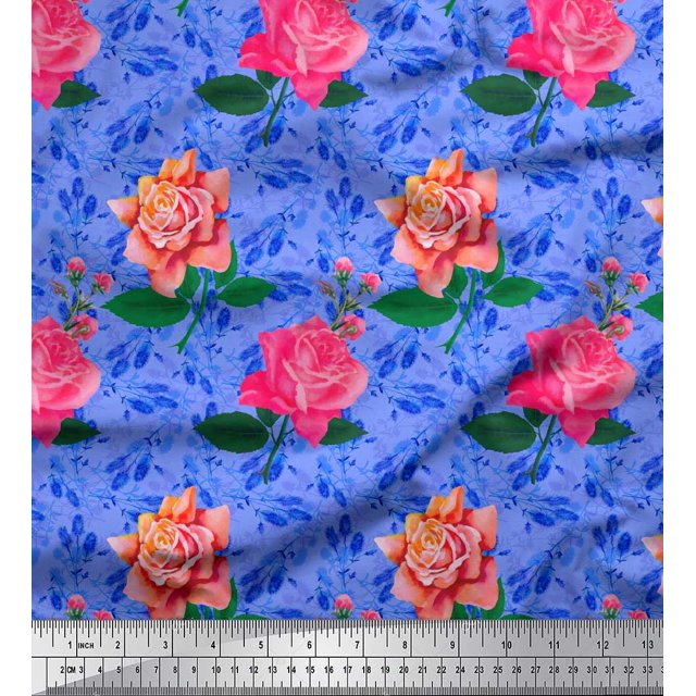 Soimoi Tissu en Coton Bleu Canard Imprimé Feuilles & Roses au Mètre 42 Pouces de Large