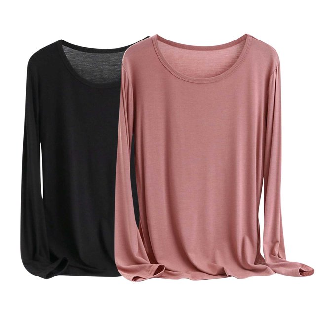 MeetoTime 2 Pieces Long Sleeve Tops for Women Basic Round Neck Soft T-Shirt Plus Size Comfy Tees X-6X