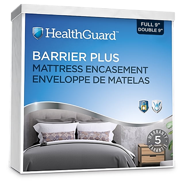 HealthGuard Barrier Plus Waterproof Terry Surface Mattress Encasement Full 9-inch, shown in its retail packaging. The packaging features a blue and white design with the HealthGuard logo, product name, and icons indicating waterproof protection and a 5-year warranty. A bed with decorative pillows is pictured on the box to illustrate usage.