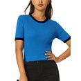 thumbnail image 1 of Unique Bargains Haut Ajusté en Tricot pour Femmes Col Rond Contraste Couleur Manches Courtes Pull Bleu 2TG, 1 of 6