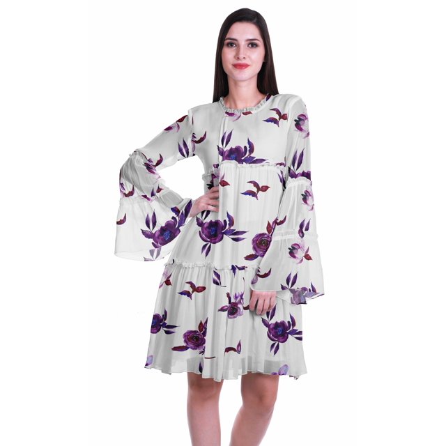 Moomaya Robe d'Été Fluide à Manches Longues Imprimée pour Femmes, Longueur Genou, Évasée