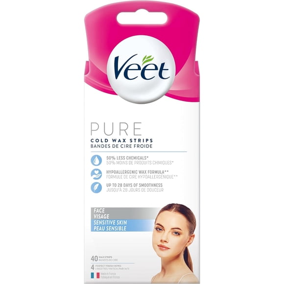 VEET® PURE Cold Wax Strips for Face, Sensitive Skin, 40 Count + 4 Wipes