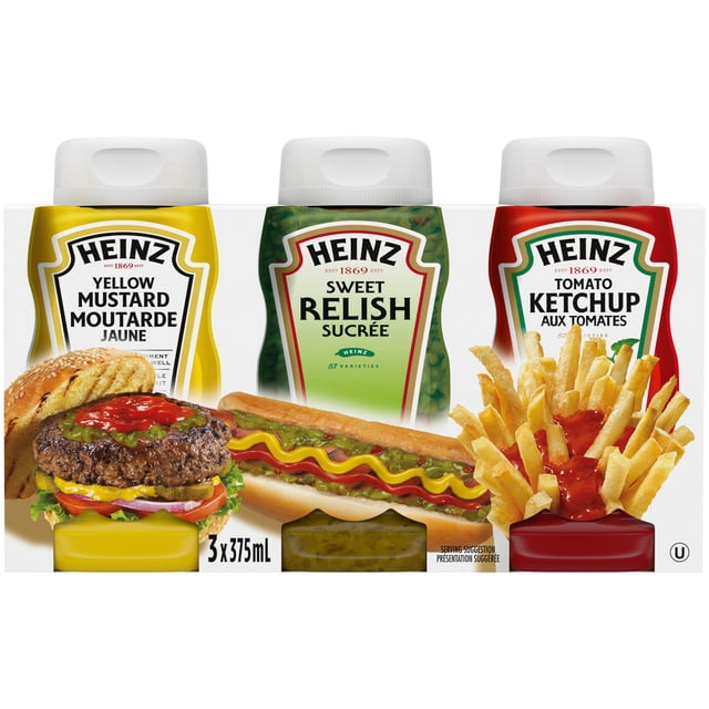 Heinz Condiment Pack containing three 375ml bottles of Yellow Mustard, Sweet Relish, and Tomato Ketchup with serving suggestions of a burger, hot dog, and fries, perfect for summer grilling and parties.