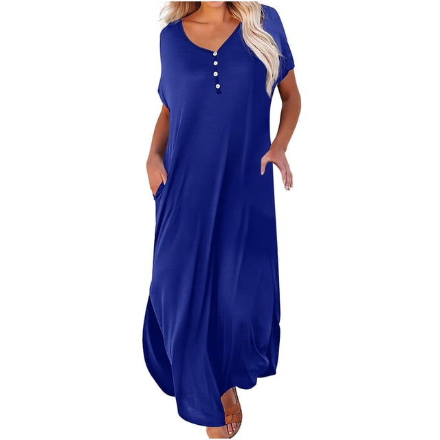 Cameland Robe d'Été pour Femme Décontractée à Manches Courtes, Robe Évasée Décontractée, Robe Maxi de Plage avec Poches