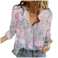 thumbnail image 2 of IROINID Rabais Womens Hauts Grande Taille Détente Col Rabattu Haut Ample Boutonné Manches Longues Imprimé Blouse, Rose, 2 of 6