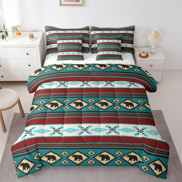 Erosebridal Aztec Bedding Sets Full Size for Adult, Rustic Bear Comforter Sets with Sheets, Geometric Stripe Decor, 7pcs