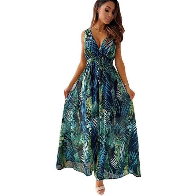 Robe à Col en V Robes d'Été pour Femmes Robe Bohème Robe Dos Nu Sans Manches Robe Florale Robe de Plage Longues Robes Robe Maxi Robe de Cocktail en Vert, Taille TG. Cette Robe Maxi Sans Manches Présente un design à Col en V et Dos Nu avec Bretelles spaghetti, Mettant en Valeur un Motif de Feuilles Tropicales Vert et Bleu vibrant. Fabriquée en polyester Léger et Élasthanne, Elle Offre un Confort et une silhouette Fluide, Idéale pour les Sorties Décontractées, les Tenues de Plage Ou les Événements d'Été.
