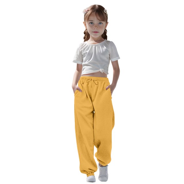 WENXIAOO Teen Boys Sweatpants Drawstring Jogger Sweatpants With Pockets Solid Color Yellow Sweatpants Girls Kids Spring Fall Sweatpants Size 13-14 Years