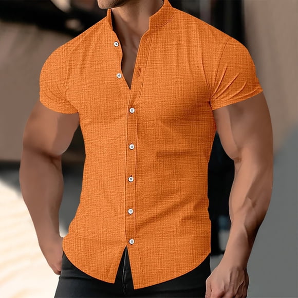 lcziwo Deals of The Day 2024 Linen Shirts for Men Summer,Men's Muscle Fit Linen Dress Shirts Banded Collar Short Sleeve Casual Button Down Shirts