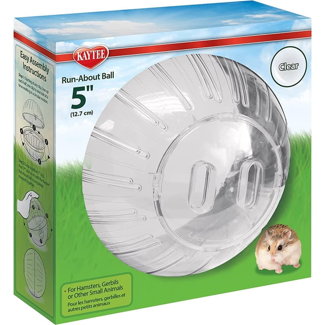 Kaytee Dwarf Hamster Mini Run-About 5" Exercise Ball, clear plastic exercise ball with ventilation slits and locking lid, designed for dwarf hamsters, gerbils, and other small animals, providing safe exercise and temporary holding during cage cleaning, shown on packaging with grass and sky background.