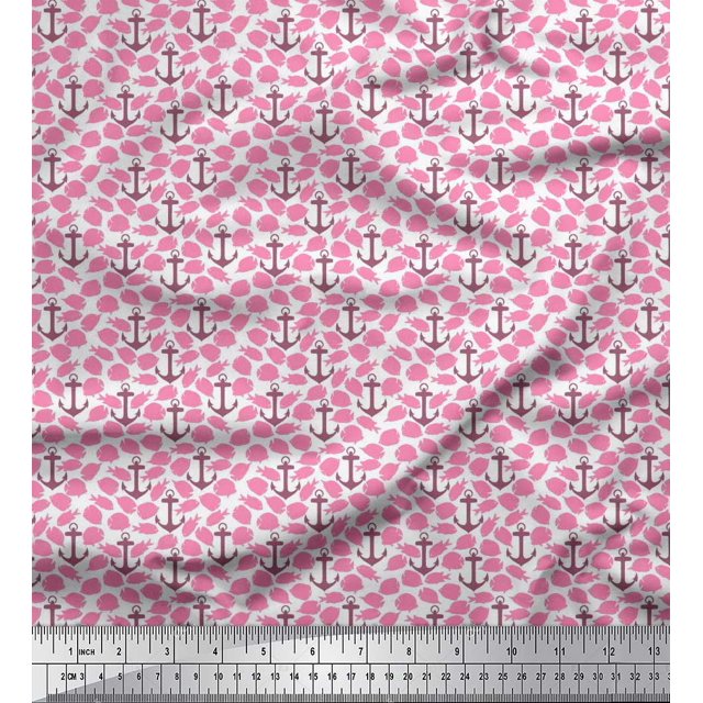 Soimoi Rayon Fabric Fish & Anchor Hook Nautical Printed Fabric 1 Yard 56 Inch Wide