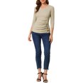 thumbnail image 2 of INSPIRE CHIC Women's Button Decor V Neck 3/4 Sleeve Solid Knitted Ruched Blouse Light Khaki 2XL, 2 of 7