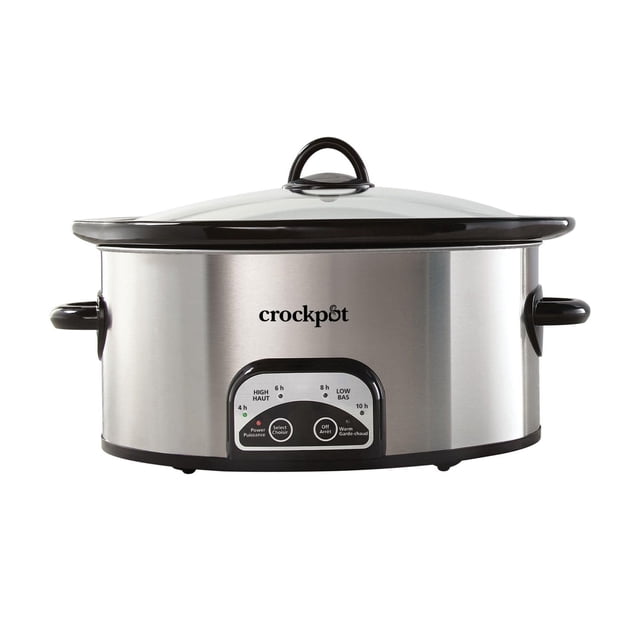 Crock-Pot 6-quart stainless steel slow cooker with one-touch control panel for selecting cooking times from 4 to 10 hours.