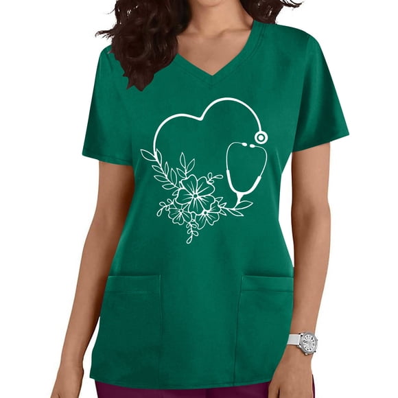 LSLJS Women's Fashion Short Sleeve V-Neck Tops Working Uniform Printing Pocket Blouse Tops, Womens Plus Scrubs