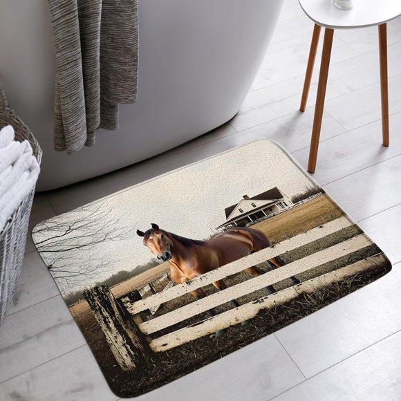 YSATNSFT Tapis de Bain Cheval Rustique Ferme Animaux Grange Campagne Western Salle de Bain Baignoire Tapis de Sol Paillasson Décoration de Toilette, 18 x 30 Po