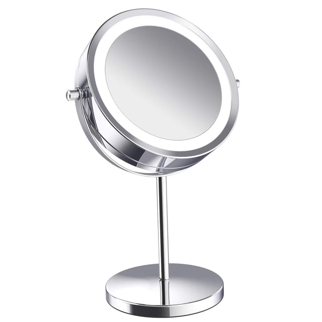 Makeup Mirror, 5X Magnification Double Sided Lighted Makeup Mirror with Stand, 360 Degree Rotation Cosmetic Mirror for Table Desk Counter Top Mirror Bathroom Vanity