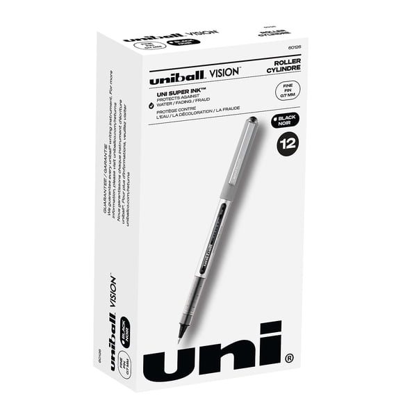 uni-ball 60126 Bâton à Bille à Rouleau Vision Stylo Étanche Encre Noire Douzaine Fine