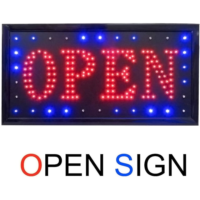 GreenLife® Open Sign LED Open Sign Electronic Billboard featuring a rectangular black frame with bright red LED lights spelling 'OPEN' and blue LED accents. Designed for advertising, it offers flashing and static lighting modes, an ON/OFF switch, and easy installation with a 2-ft metal chain. Made with high-lumen, energy-efficient LEDs and a durable ABS plastic base, it is lightweight and suitable for businesses like restaurants, cafes, and shops.