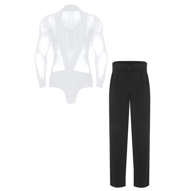 Alvivi Justaucorps de Danse Latine pour Hommes à Col en V Profond Pantalon de Danse Salsa Moderne Salsa Rumba Tango Tenue de Compétition Blanc P