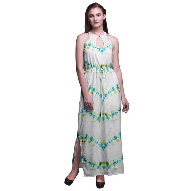 Bimba Tie-Dye Ladies Crew Neck Waist String Print Maxi Dress with Side Slits Summer Wear-Large