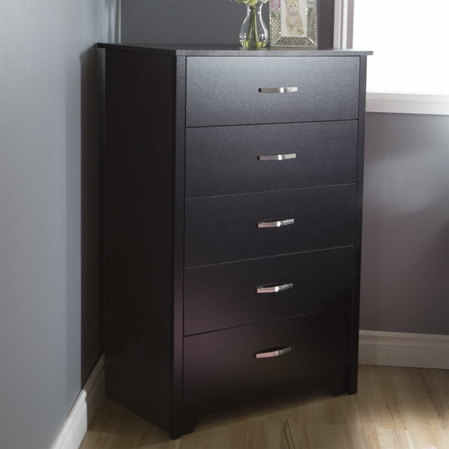 South Shore Fusion 5-Drawer Chest for Adult in pure black with five drawers on metal slides and slim metal handles. The tall, space-saving chest features a curved cutout base and side moldings, suitable for bedroom storage and organizing clothes.