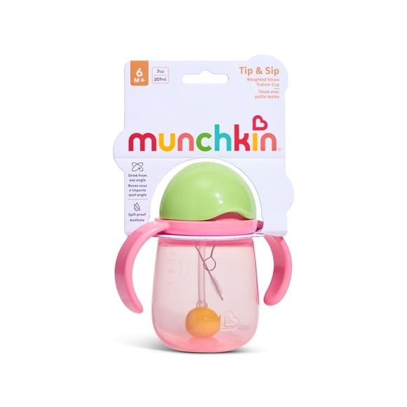 Munchkin Any Angle Weighted Straw Trainer Cup with Handles, Baby and Toddler Transition Sippy Cup, 6+ Months, 7 Ounce Pink