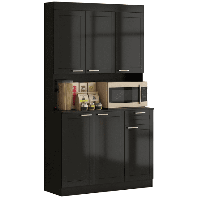 HOMCOM Armoire de Rangement pour Garde-Manger de Cuisine avec Tablette Réglable et Tiroir, Fini Noir Très Lustré. Comprend Plusieurs Armoires à Portes avec Tablettes pour Ranger la Vaisselle, les Casseroles, les Poêles et les Produits Secs, un Comptoir Ouvert avec un Trou pour Câbles pour des Appareils comme un Micro-Ondes, et un Tiroir à Glissement Fluide pour les Couverts. Fabriquée en Panneau de Particules Enduit de Mélamine, Elle Mesure 39,8 Pouces de long, 15,4 Pouces de Large et 70,9 Pouces de Haut. Comprend une Sangle Anti-Basculement pour la Sécurité.