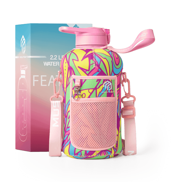 2.2L Half Gallon Water Bottle with Storage Sleeve and Covered Straw Lid – BPA Free Large Reusable Drink Container with Handle - Big Sports Jug, 2.2 Liter (74 Ounce)