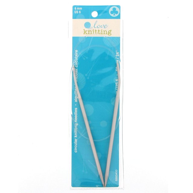 Love Knitting 24" Circular Knitting Needles size 4 mm US 6, lightweight aluminum needles with a smooth finish connected by a flexible clear cable, shown on blue branded packaging, ideal for knitting in the round and various yarn projects.