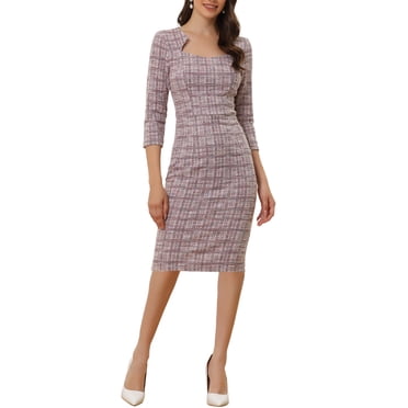 INSPIRE CHIC Robe à Carreaux pour Femme Encolure Carrée Manches 3/4 Moulante Midi Robe de Travail L Rose