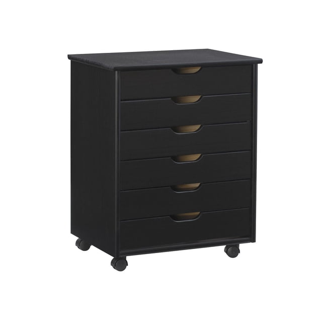 Craydon Chariot Grand à six Tiroirs en Bois de Pin Massif Noir avec six Tiroirs Larges de Taille Égale, Présentant des Découpes de Poignées Profilées Lisses et un Intérieur Naturel, Monté sur Roulettes pour une Mobilité Facile, Convient au Rangement de Bureau Ou d'Artisanat.