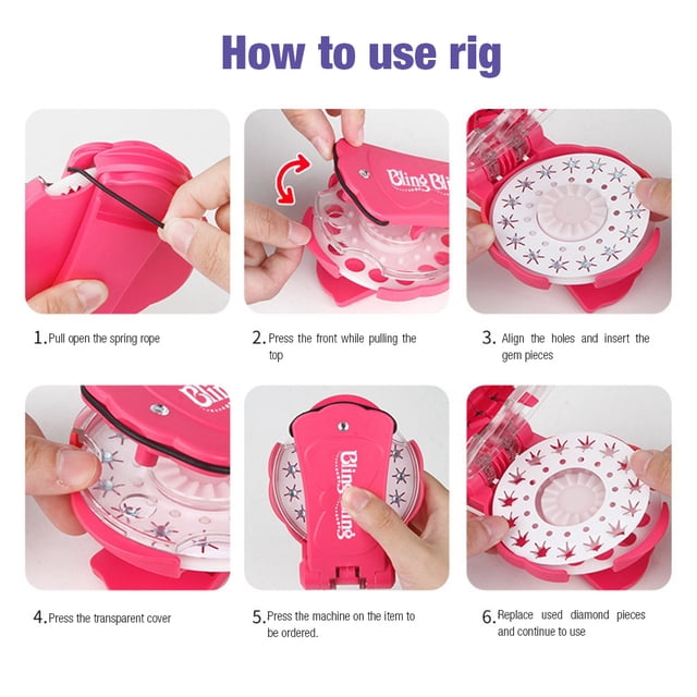 TOPINCN Blinger Styler Kit, a pink glitter styling toy for girls aged 6 and above. This novelty gag gift includes 12 glitter pieces and features a compact ABS design with easy-to-use mechanisms, such as a spring rope and transparent cover for applying glitter to hair or objects. Step-by-step instructions are shown for adding sparkle to various items, making it a fun and reusable styling tool.