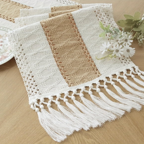 Boho Table Runner Farmhouse Macrame Bicolor Woven Cotton Crochet Lace with Tassels - Beige/Bicolor Color, 72"x12" Rustic Wedding, Bridal Shower & Summer Dining Table Decor, No Assembly Required