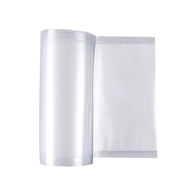 Amdohai Sealer Bags Rolls 2 Roll Pack for Food Saver, transparent nylon and PE material with a textured surface for vacuum sealing. Each roll is 5 meters long, designed for food storage, including freezer bags to preserve fresh or frozen food and reduce waste. Protects contents from moisture and oxygen, ideal for household use.