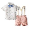 thumbnail image 1 of Qudderr Ensemble 3 Pcs pour Tout-Petits Garçons Bébé, Tenue de Gentleman, Robe de Mariage pour Enfants, Chemise à Manches Courtes + Nœud Papillon + Shorts à Bretelles, Ensemble d'Été en Coton 1-6 Ans, 1 of 8