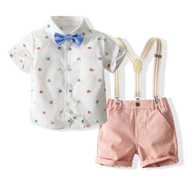Qudderr Ensemble 3 Pcs pour Tout-Petits Garçons Bébé, Tenue de Gentleman, Robe de Mariage pour Enfants, Chemise à Manches Courtes + Nœud Papillon + Shorts à Bretelles, Ensemble d'Été en Coton 1-6 Ans