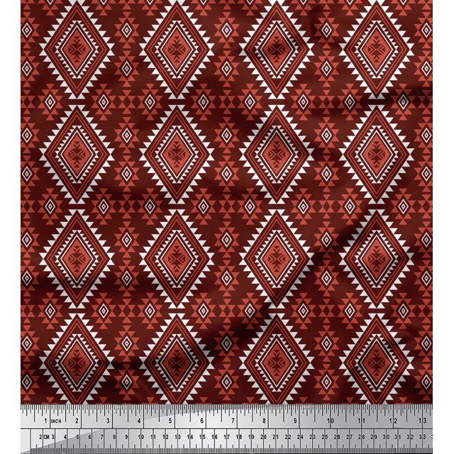 Soimoi Red Viscose Chiffon Fabric Diamond & Triangle Geometric Decor Fabric Printed Yard 42 Inch Wide
