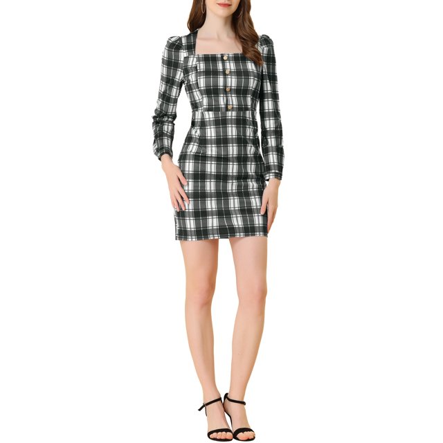 INSPIRE CHIC Robe Mini à Carreaux à Encolure Carrée Manches Longues Bouffantes Taille Haute pour Femmes P Noir